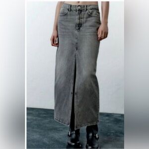 Zara Gray Denim Maxi Skirt with Center Front Slit